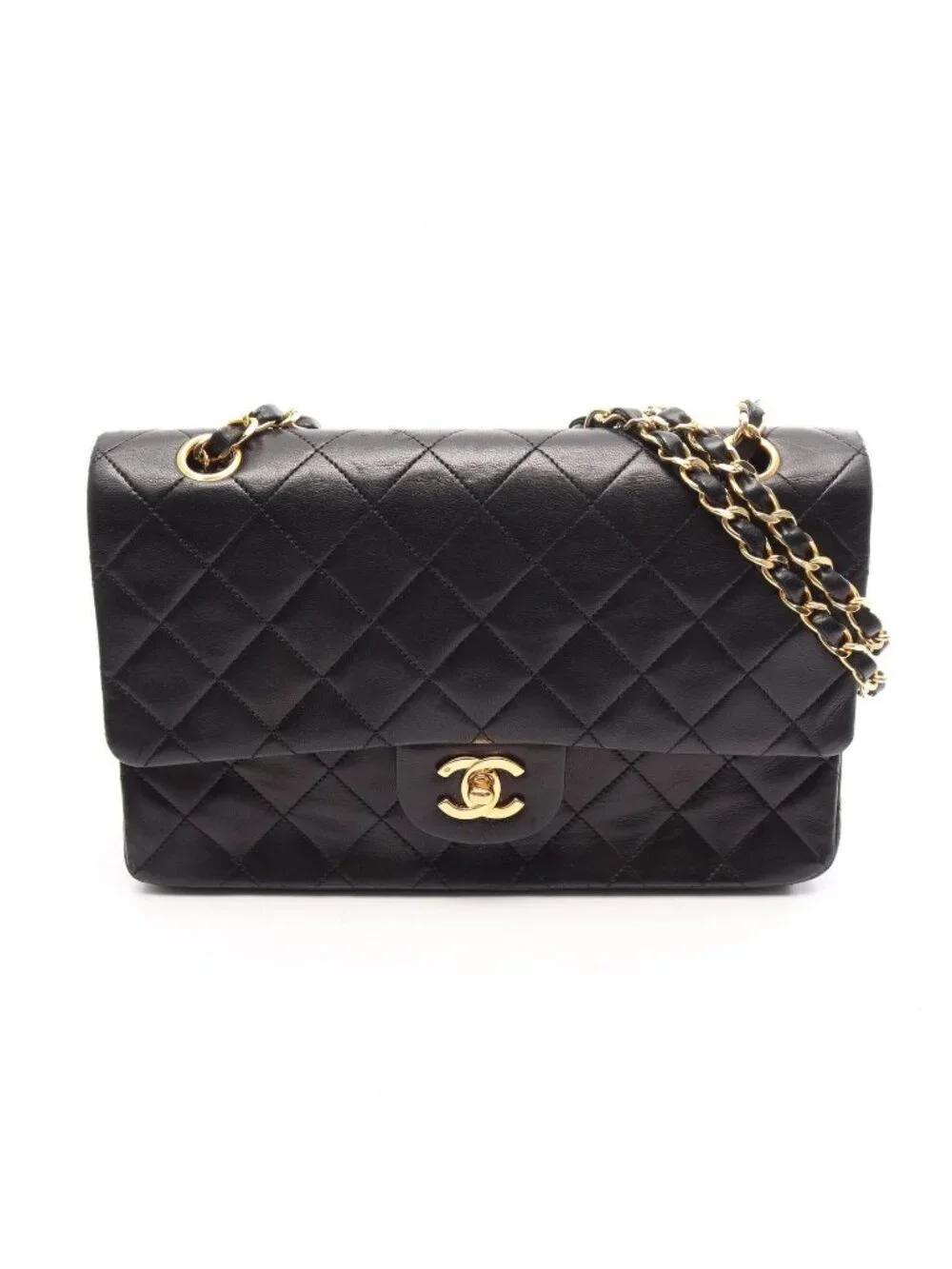 Chanel Shoulder Bag Quilted Double Flap Black Lambskin Chain